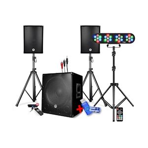 BM Sonic PACK SONO DJ ENCEINTE +CAISSON DE BASSES USB Bluetooth +PIEDS +CABLES HP/PC offerts, 4 PAR LED, TRÉPIED, +Clé USB 32G