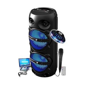 Enceinte DJ Karaoké sur batterie Gemsound GS208, 300W, Boomers 20cm à LED RVB, USB Bluetooth,SD, FM,TWS, PC, Micro filaire, OVNI