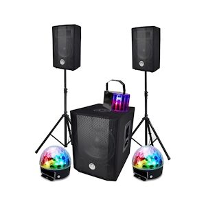 PACK SONO 1000W, USB Bluetooth Caisson bi-amplifié 600W, 30cm, 2 BALL6, Derby LED Animation mariage, Soirée, Salle des fêtes