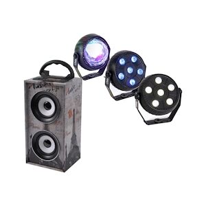 Ibiza Sound Mini-Colonne sur batterie 12W USB/SD/AUX/BLUETOOTH/FM - PARIS + Pack de 3 jeux de lumière à led - Astro RGB, PAR Stroboscope