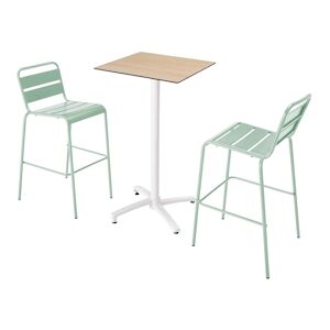 Oviala Business Ensemble table haute stratifie chene et 2 chaises hautes vert sauge - Oviala