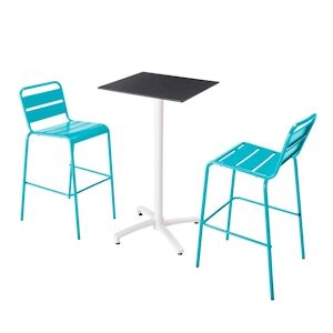 Oviala Business Ensemble table haute stratifie noir et 2 chaises hautes bleu