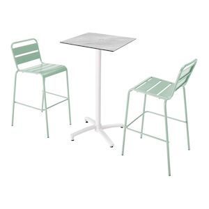 Oviala Business Ensemble table haute stratifie marbre et 2 chaises hautes vert sauge