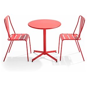 Oviala Business Ensemble table ronde et 2 chaises de terrasse bistrot en metal rouge - Oviala