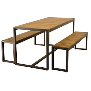 Metro Professional Ensemble de table et bancs de brasserie et guinguette Modano 3 pieces bois dacacia acier 1 x table 2 x bancs marron noir