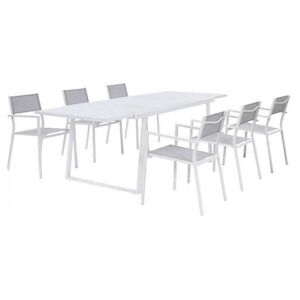 Ensemble repas 6 personnes Table extensible aluminium avec plateau en verre 160240 6 fauteuils assise textilene Blanc AUCUNE