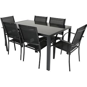 Tarrington House Set de terrasse FARINA 7 pieces acier dossier en textile 6 chaises empilables 1 table a manger noir