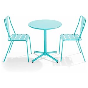 Oviala Business Ensemble table ronde et 2 chaises de terrasse en metal turquoise - Oviala