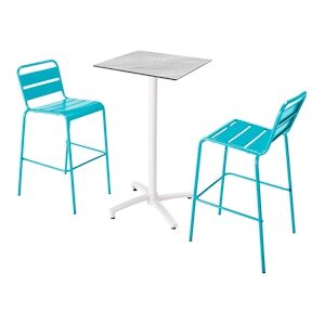 Oviala Business Ensemble table haute stratifie marbre et 2 chaises hautes bleu