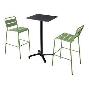 Oviala Business Ensemble table haute stratifie noir et 2 chaises hautes vert cactus