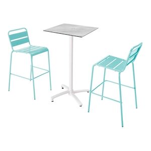 Oviala Business Ensemble table haute stratifie marbre et 2 chaises hautes turquoise