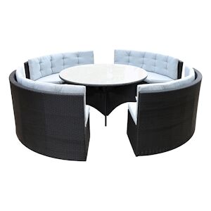 Metro Professional Set de table et bancs 5 pieces OLYMPE rotin PE aluminium rond resistant aux intemperies argent noir