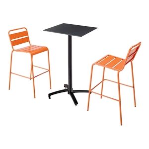 Oviala Business Ensemble table haute stratifie noir et 2 chaises hautes orange