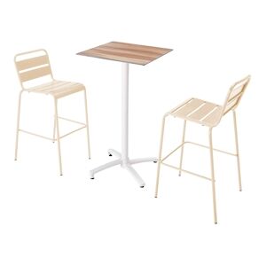 Oviala Business Ensemble table haute stratifie  chene fonce et 2 chaises hautes ivoire