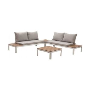 Salon de jardin modulable en aluminium couleur blanc et polywood 4 personnes avec coussins gris SANTANA NIVADA