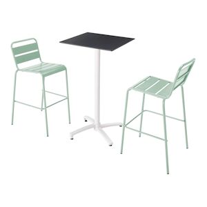 Oviala Business Ensemble table haute stratifie noir et 2 chaises hautes vert sauge