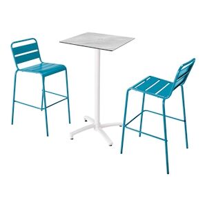 Oviala Business Ensemble table haute stratifie marbre et 2 chaises hautes bleu pacific - Oviala