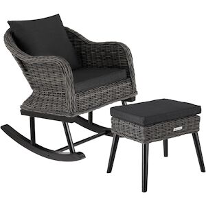 tectake Fauteuil a bascule en rotin Rovigo avec repose-pieds Vibo - gris -404834