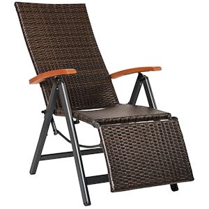 tectake Chaise en rotin Brisbane pliable avec structure en aluminium et repose-pieds - marron -404576