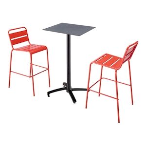 Oviala Business Ensemble table haute stratifie gris et 2 chaises hautes rouge