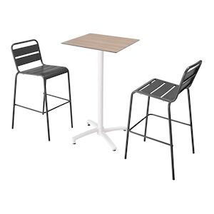 Oviala Business Ensemble table haute stratifie chene clair et 2 chaises hautes gris