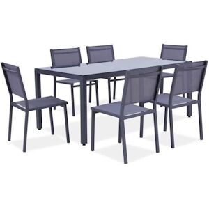 Ensemble repas de jardin 6 personnes Aluminium Table avec plateau en verre 180 x 90 cm 6 chaises et assise textilene Gris AUCUNE