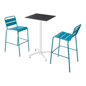 Oviala Business Ensemble table haute stratifie noir et 2 chaises hautes bleu pacific