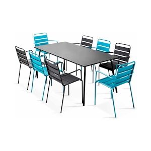 Oviala Business Ensemble table de jardin et 8 fauteuils en métal bleu et gris