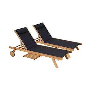 Oviala Business Lot de 2 bains de soleil avec coussin et tablette en bois noir