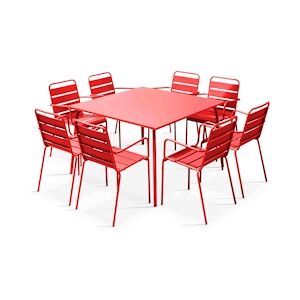 Oviala Business Ensemble table de terrasse carrée et 8 fauteuils en métal rouge - Oviala