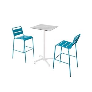 Oviala Business Ensemble table haute stratifié marbre et 2 chaises hautes bleu pacific