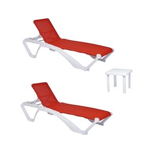 Resol GARBAR ACQUA-ANDORRA Chaise Longue-Table Auxiliaire Extérieur Set 2+1 Structure Blanche - Textilène Rouge