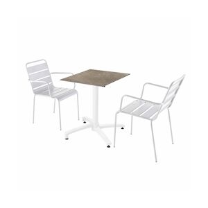 Oviala Business Ensemble table terrasse stratifié marbre beige et 2 fauteuils blanc