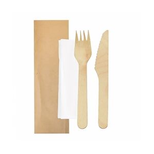 García de Pou 100 Unités - Set Fourchette, Couteau, Serviette Sous Sachets Kraft 'Makan' 16 Cm Naturel Bois - Garcia de Pou