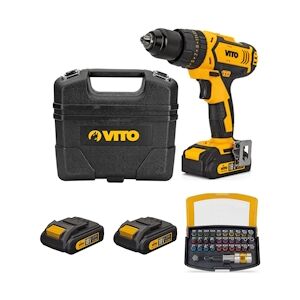 VITO Perceuse visseuse sans fil 18 V 2 batteries Lithium 2Ah + Chargeur + Coffret de vissage 32 pièces VITO