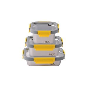 PIKA - Lot de 3 boites alimentaires en inox et couvercle en verre trempé - 600ml + 800ml + 820ml - Compatible micro-ondes - MetalShock