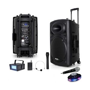 Ibiza Sound Public Adress mobile MP3 800W + 3 micros PORT15VHF-BT + Câble PC + Effet OVNI RoundMagic + Mini Strobe