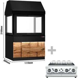 GGM GASTRO - Grill à gaz TORONTO - 1100mm - Façade en bois - Plan de travail en granit noir - Verre anti-chaleur Noir mat