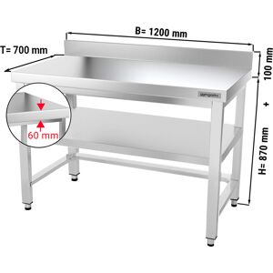 GGM GASTRO - Table de travail en inox PREMIUM - 1200x700mm - avec fond de base, rebord & entretoise