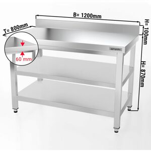 GGM GASTRO - Table de travail en inox PREMIUM - 1200x800mm - avec plancher de base, rebord & plancher intermédiaire