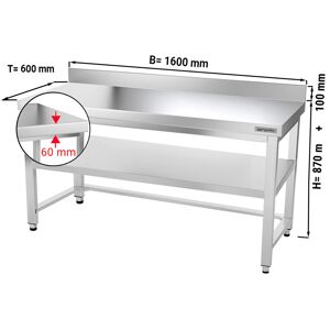 GGM GASTRO - Table de travail en inox PREMIUM - 1600x600mm - avec fond de base, rebord & contreventement