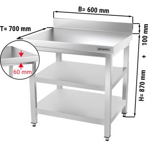 GGM GASTRO - Table de travail en inox PREMIUM - 600x700mm - avec plancher de base, rebord & plancher intermédiaire