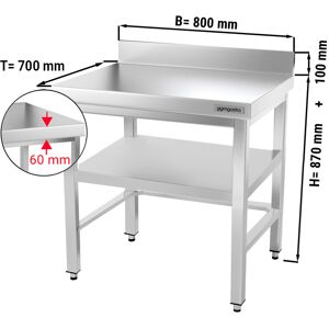 GGM GASTRO - Table de travail en inox PREMIUM - 800x700mm - avec fond de base, rebord & contreventement