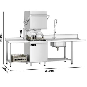 GGM GASTRO - Lave-vaisselle à capot - 6,52 kW - incl. table d'entrée & de sortie à droite - avec pompe à détergent, produit de rinçage & pompe à lessive