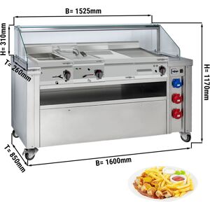 GGM GASTRO - Station de cuisson mobile - 1600x850mm - Hauteur : 1170mm - incl. Friteuse, Plaque à frire, Bain-Marie & Élément neutre