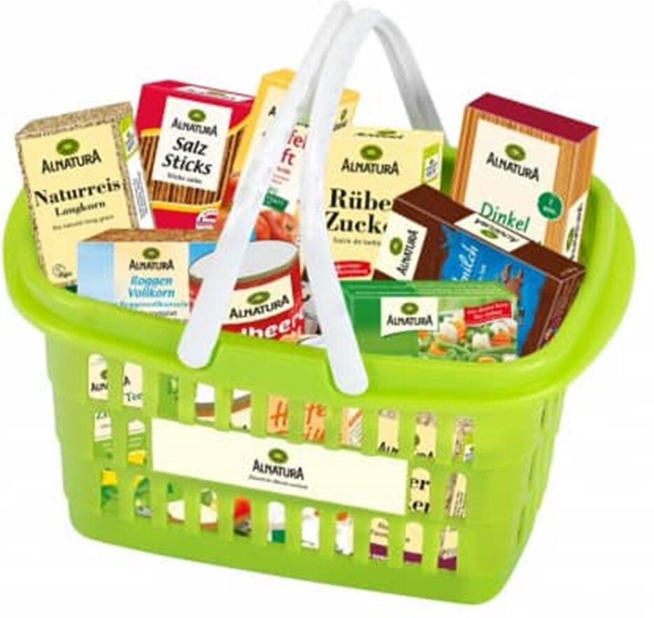 Panier d'achat Alnatura, rempli, produits bio, allemand