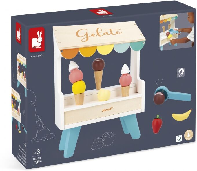 Stand de Glaces en Bois avec Accessoires Magnétiques - 3 Cônes - 6 Boules (6 Parfums) - 2 Fruits - 2 Chantilly et 1 Cuillère