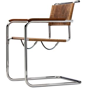 Thonet - fauteuil S 34, chrome / cuir de buffle marron / accoudoirs en noyer huilé (Pure Materials)