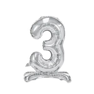 party deco Ballon anniversaire chiffre 3 sur pieds Argent 70cm