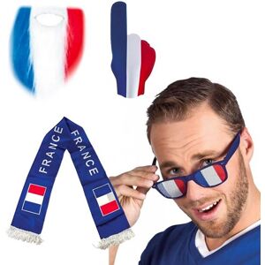 PARTY PRO Kit Supporter France Allez les Bleus 4 accessoires : Main Geante en Mousse 49cm, Barbe Tricolore, Echarpe France 135cm, Lunettes Bleues Grille France